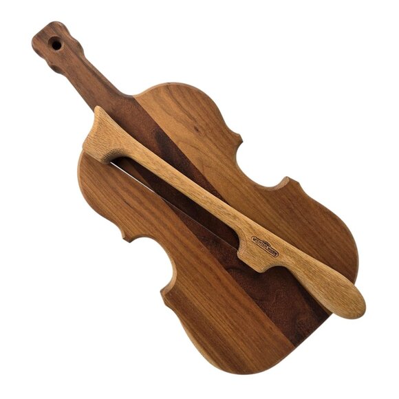 Violin Shaped Wooden Cutting Board With Matching Bow Cheese Slicer - Picture 1 of 15